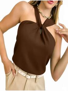 Duna Women's Halter Top, Elegant Wrap Collar, Stylish Summer Tank Top - 鏽棕色 - 查看 2