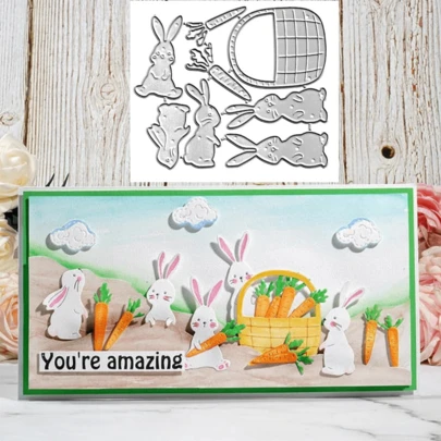 Khuôn cắt kim loại hình giỏ thỏ Phục Sinh và củ cà rốt, thích hợp cho việc tự làm sổ lưu niệm, trang trí album, dập nổi giấy và làm thiệp.