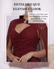 Women's Long Party Dress With Slit, Cape Sleeves, Gathered Bust And Brooch, Solid Color, Elegant, For New Year's Eve, Wedding, Bridesmaid, Graduation. - 紅木色 - 查看 4