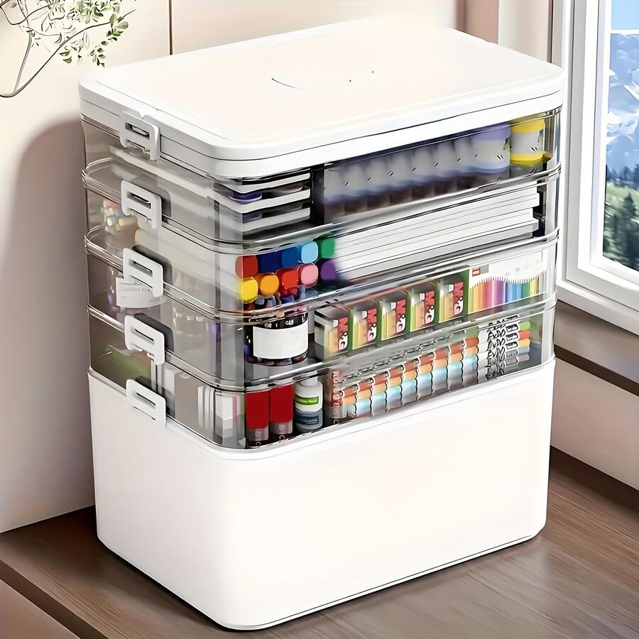 Large Capacity Multi-Layer Stackable Storage Box With Lids- 5-Tier With Handle, Essential ForHome And Travel, Transparent Storage Box Easy To Clean, For Pill Box Organization, OfficeSupplies, Sewing Supplies, Bathroom Supplies Storage Box - View 1