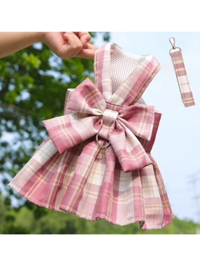 1pc Polyester Plaid Bow Decor Harness Leash Dress, Teddy Bear Party Costume, Christmas Holiday Gift, Suitable For Walking Small Cats/Dogs Outdoors (Product Runs Small, Recommend Ordering 1-2 Sizes Up)
