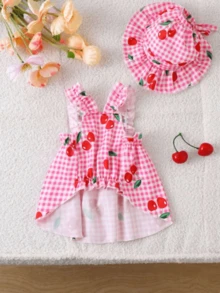 Kattunge och valp, klassisk blåpläd med körsbärsmönster, huvad hundklänning - Rosa - Visa 3