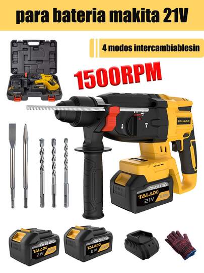 Martillo Perforador Inalámbrico TALADO 21V, Motor Sin Escobillas, 4 Modos, Mango Ajustable 360°, para Concreto, Madera y Metal