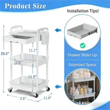 3 Tier Rolling Cart With Drawer, Bathroom Storage Organizer With 2 Lockable Wheels, Multifunctional Rolling Storage Cart For Bathroom, Kitchen, Office, Craft, Makeup, Baby Essentials, White - 白色 - 查看 4