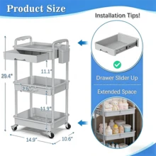3 Tier Rolling Cart With Drawer, Bathroom Storage Organizer With 2 Lockable Wheels, Multifunctional Rolling Storage Cart For Bathroom, Kitchen, Office, Craft, Makeup, Baby Essentials, White - 灰色的 - 查看 4