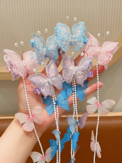 2pcs Butterfly Braided Hair Chain Hair Clips, Princess Style Tassel Chain Hair Accessories