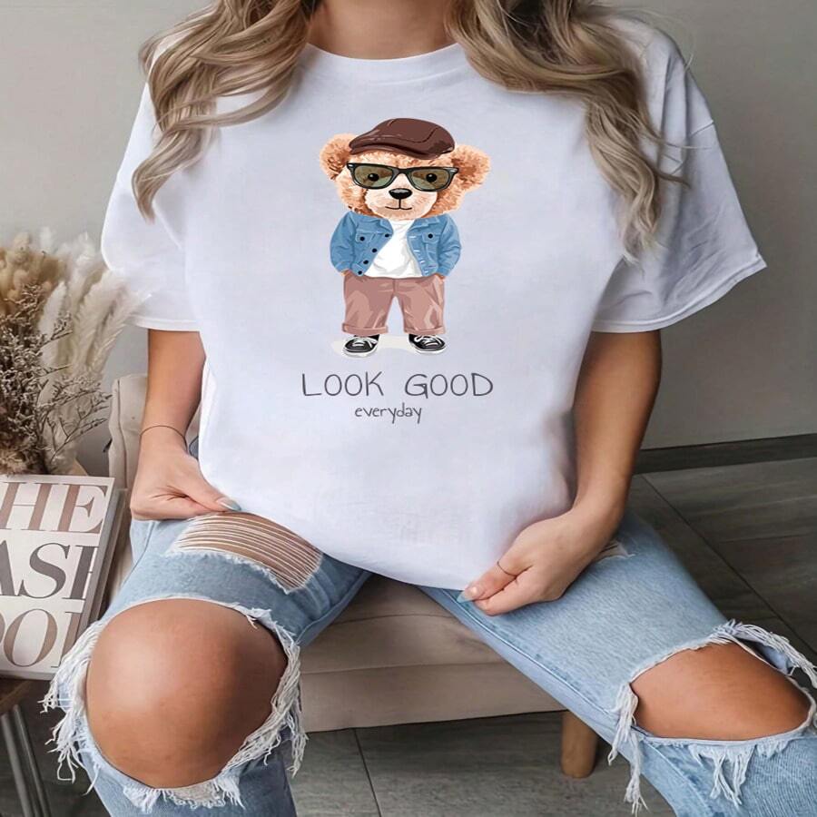 Osito de Teddy, Camiseta básica suelta para mujeres blanca cuello redondo Adorable 180G Transpirable Combinable Cómoda Inigualable Lavable en máquina Verano Tallas S-2XL - Multicolor - Ver 1