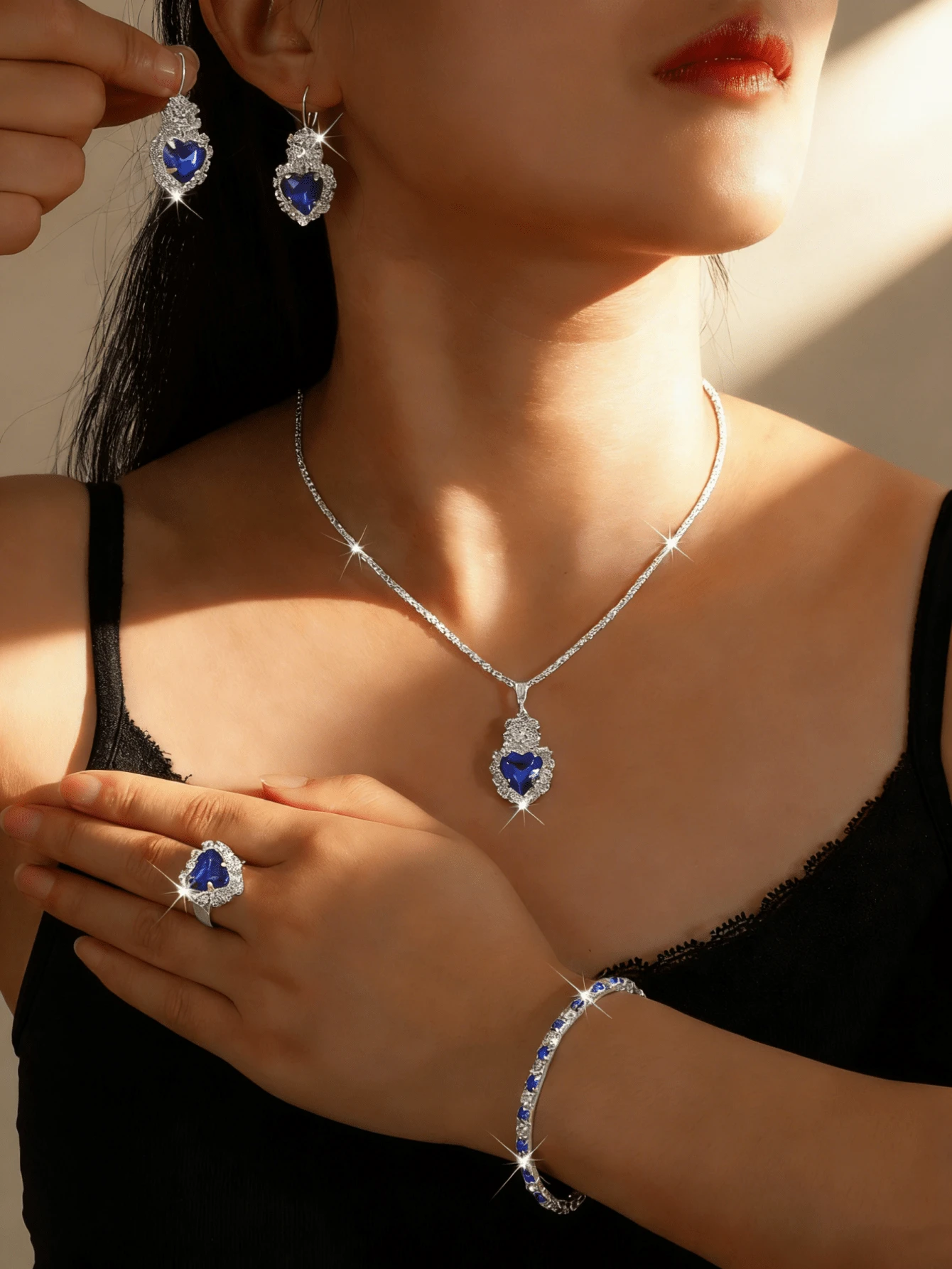 Bộ trang sức 5 món dành cho nữ: Dây chuyền đá sapphire hình trái tim, bông tai, nhẫn, vòng tay, trang sức cưới và dạ hội cao cấp. - Bộ trái tim - Xem 1