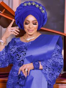 1pc Royal Blue Satin Braided Gele Turban For Women, Rhinestone Embellished African Headwrap For Wedding & Party Occasions - A - 查看 4