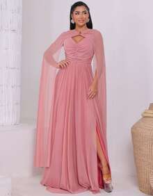 Women's Long Party Dress With Slit, Cape Sleeves, Gathered Bust And Brooch, Solid Color, Elegant, For New Year's Eve, Wedding, Bridesmaid, Graduation. - 乾枯玫瑰色 - 查看 1