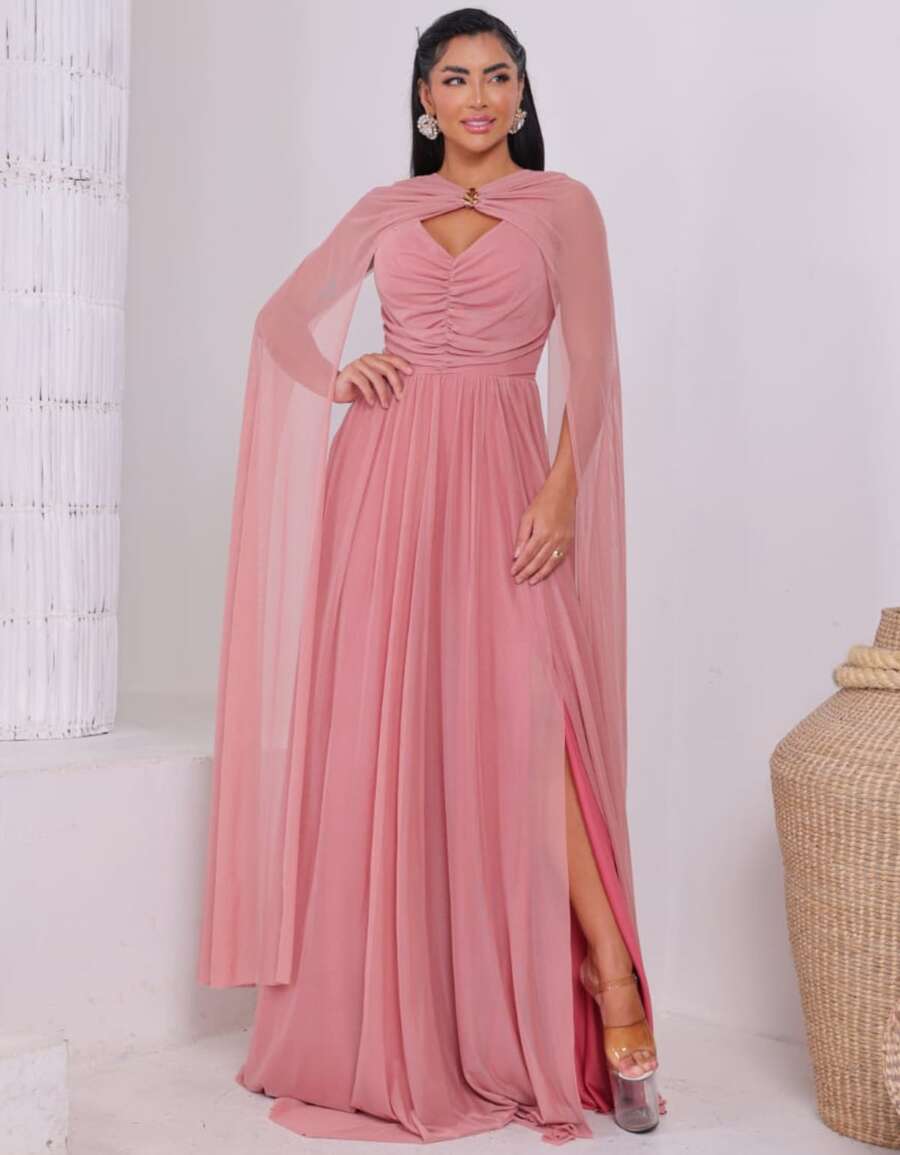 Women's Long Party Dress With Slit, Cape Sleeves, Gathered Bust And Brooch, Solid Color, Elegant, For New Year's Eve, Wedding, Bridesmaid, Graduation. - 乾枯玫瑰色 - 查看 1