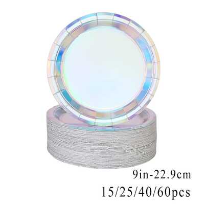 60/40/25/15pcs | 7-Inch Laser Silver Disposable Plates | Wedding, Birthday, Camping Atmosphere! Easy To Use, Stylish Plates For All Holidays! Christmas, Halloween, Graduation, Thicker Leak-Proof Paper Plates | Perfect For Picnics And Camping! High-Quality Paper Plates, Practical Tableware For Parties And Decorations! Themed Paper Plates For Singles Party, Thanksgiving, Ramadan, Easter, Kitchen Supplies