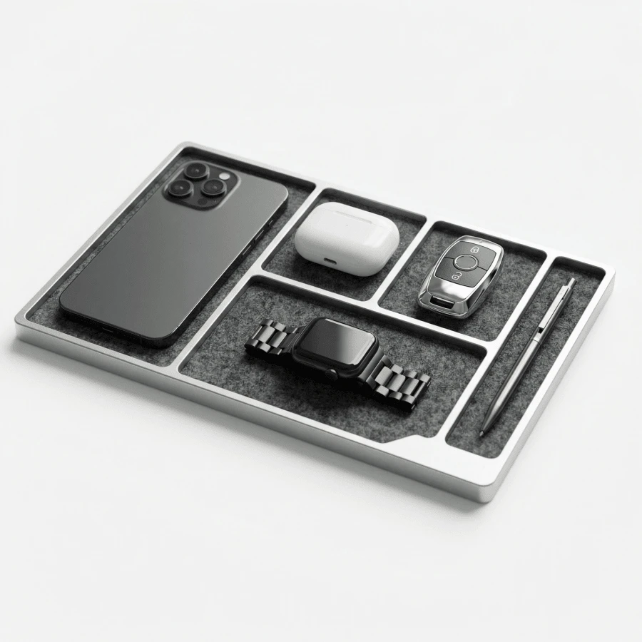 One-Piece Anodized CNC Aluminum Alloy EDC Storage Tray, Extra Large Multi-Compartment Desktop Organizer Box With Felt Lining, Can Store Phone, Watch, Earbuds, Keys, Wallet, Car Key Fob, Pen And Other Daily Items, Suitable For Desk, Entryway Or Bedside Table