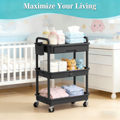 3 Tier Rolling Cart With Drawer, Bathroom Storage Organizer With 2 Lockable Wheels, Multifunctional Rolling Storage Cart For Bathroom, Kitchen, Office, Craft, Makeup, Baby Essentials, White