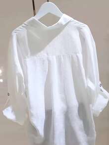Blusa de manga larga con cuello de camisa, botones delanteros y ajuste regular, de color blanco tejido, para primavera - Blanco - Ver 2