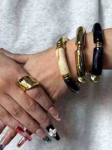 3pcs/Set 1pc Retro Minimalist Elegant Resin Acrylic Navy Blue Elastic Bangle Set, Suitable For Daily Wear, Parties, Valentine's Day, Dates, Holidays, Stackable, 2026 New Arrival - Bohemian Style Bracelet - View 2