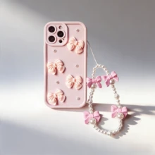 Ốp điện thoại 3D màu hồng đính nơ và ngọc trai xinh xắn, kèm dây đeo cổ tay, chống rơi vỡ, kiểu dáng nữ tính. - Hồng - Xem 3
