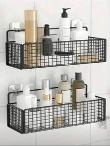 1/2pcs Black Bathroom Shelf, Adhesive Shower Storage Rack, Kitchen & Bathroom Organizer Basket, Wall Mounted Organizer Rack Without Drilling - No Drilling Required - View 4