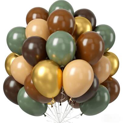 50pcs Green And Brown Balloon Set, 10 Inch Sage Green, Dark Brown, Beige Latex Balloons, Gold Metallic Balloons, Olive Green Gold Nude Coffee Balloons For Jungle Safari Zoo Forest Theme Birthday Decoration