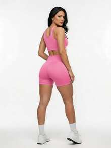 Kit Of 2: Top And Shorts Set, High-Waisted Shaping Gym Fashion For Women - Hitam/Merah Muda - View 2