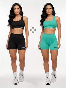Kit Of 2: Top And Shorts Set, High-Waisted Shaping Gym Fashion For Women - Đen/Xanh ngọc - Xem 6