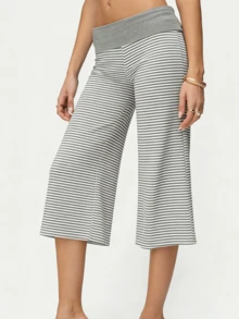 Women's Fold Over Waist Capri Fashionable Casual Solid Color Low Rise Wide Leg Crop Pants - 淺灰色 - 查看 2