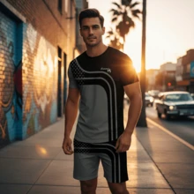 Camiseta De Tirantes Y Pantalones Cortos Con Estampado Para Hombres,Conjunto De Dos Piezas Para Hombre Un Look Casual De Verano - Negro - Ver 1