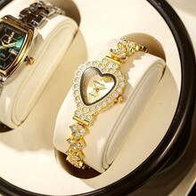 1件装女士心形水钻金色钢带休闲学生石英腕表，韩版 - 均碼 - 查看 5