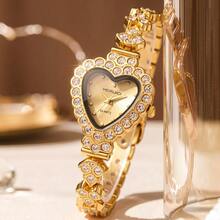 1件装女士心形水钻金色钢带休闲学生石英腕表，韩版 - 均碼 - 查看 3