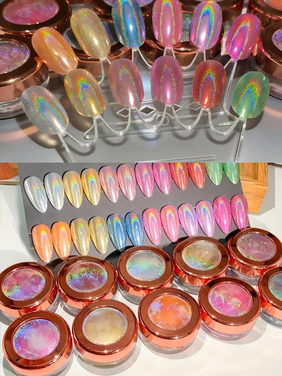 Y2K Holographic Super Shiny Mermaid Nail Powder, Mirror Metal Friction Powder, Holiday DIY Nail Art, Holographic Mirror Powder Nail Art Set - Nhiều màu - Xem 1