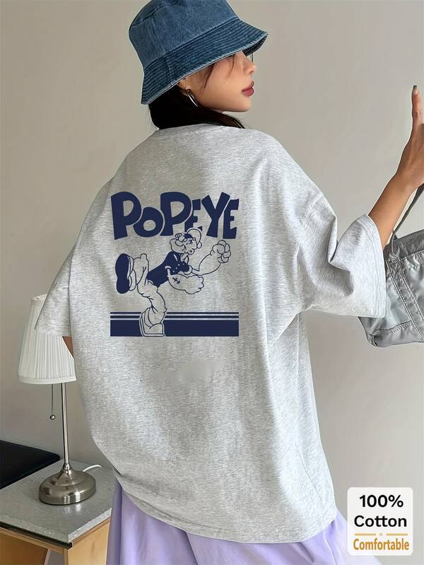 夏用カジュアルルーズオーバーサイズ半袖コットンカートゥーンプリントミドル丈Tシャツ(レディース)、ファッショナブルなグレートップス