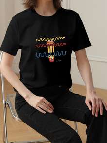 Women's Black Knit Crew Neck Short Sleeve T-Shirt With Funny Fast Food Graphic Print, Regular Length, Slightly Stretchy - Black - View 5