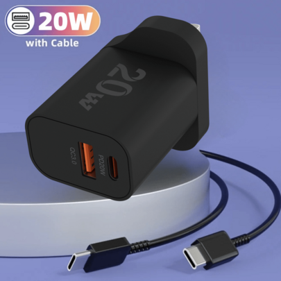 20W USB-C Fast Charger Adapter, 2-Port PD 20W + QC 18W, Compatible With IPhone, UK Plug, Wall Charger Power Adapter For IPhone 16 15 14 13 12 11 Pro Max XR XS, (Includes 1.5M 5A Type-C To Type-C Cable)