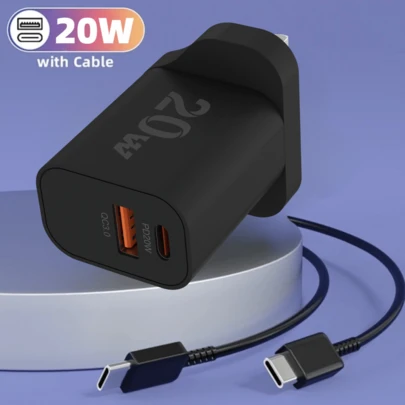 20W USB-C Fast Charger Adapter, 2-Port PD 20W + QC 18W, Compatible With IPhone, UK Plug, Wall Charger Power Adapter For IPhone 16 15 14 13 12 11 Pro Max XR XS, (Includes 1.5M 5A Type-C To Type-C Cable)