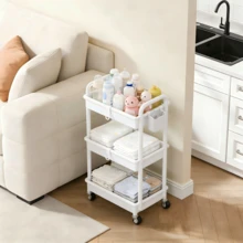 3 Tier Rolling Cart With Drawer, Bathroom Storage Organizer With 2 Lockable Wheels, Multifunctional Rolling Storage Cart For Bathroom, Kitchen, Office, Craft, Makeup, Baby Essentials, White - 白色 - 查看 5