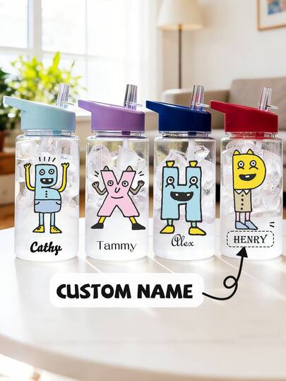 Botella de agua personalizable de 500ml para niños con tapa con pajita linda, mejor regalo para niños y niñas para la temporada escolar/graduación, botella de agua para deportes al aire libre, taza de estudiante universitario con diseño de dibujos animados