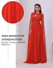 Women's Long Party Dress With Slit, Cape Sleeves, Gathered Bust And Brooch, Solid Color, Elegant, For New Year's Eve, Wedding, Bridesmaid, Graduation. - 紅陶 - 查看 7