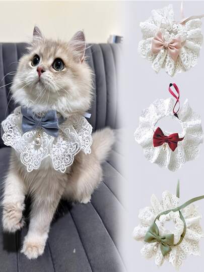 Cute Pet Bib For Cats/Small Dogs, Stereo Bow Tie Design, Lace & Pearl Decor, All-Season Photo Prop, Hypoallergenic Washable Lining, Suitable For Indoor Cats, Kittens, Small Dogs, Puppies And Other Small Pets