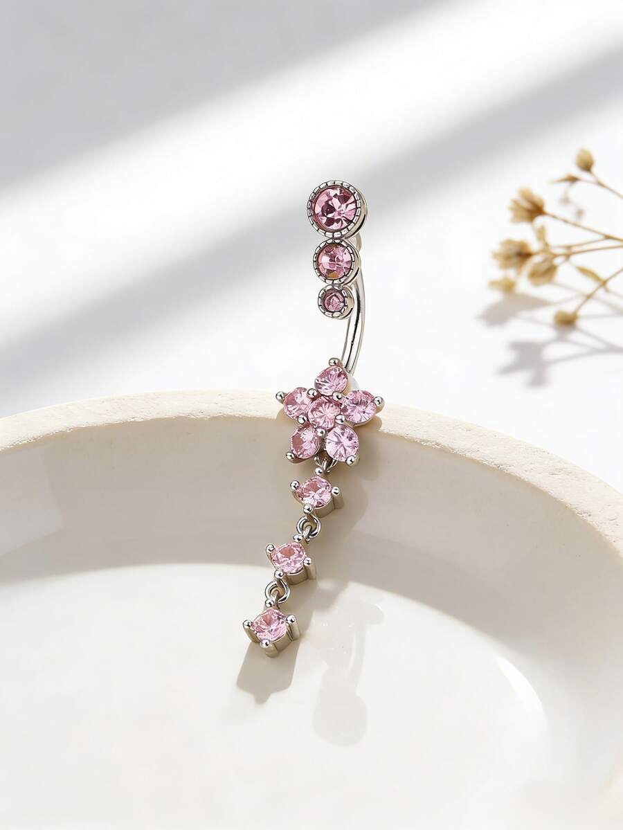 1件植物双钻花朵肚脐环，肚脐穿孔 - 銀粉色2 - 查看 1