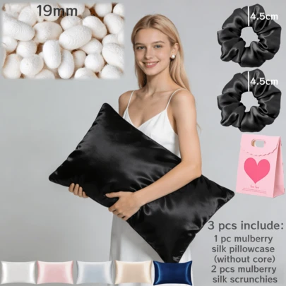Vurcuky Mulberry Silk Products, 1 Pc Silk Pillowcase(Without Core)+2 Pcs Silk Scrunchies, Double-Sided Design,Luxurious Experience With You,Suitable For Homes, Hotels, Dormitories, Etc, Contain Gift Bag