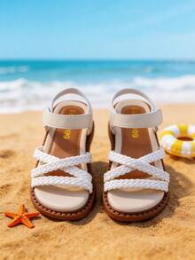 Kids Girls White Braided Crisscross Open Toe Sandals, Hook-And-Loop Ankle Strap Casual Shoes, Non-Slip Wear-Resistant Sole, Comfortable Padded Insole - White - View 7