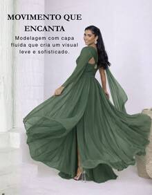 Women's Long Party Dress With Slit, Cape Sleeves, Gathered Bust And Brooch, Solid Color, Elegant, For New Year's Eve, Wedding, Bridesmaid, Graduation. - 橄欖綠 - 查看 3