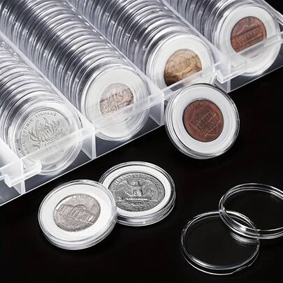 Caixa de coleção de moedas durável e transparente, selada, à prova de umidade e antioxidante, caixa protetora de plástico de alta transparência para moedas, design com abertura em meia-lua para fácil acesso.