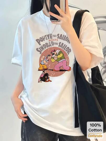 夏季纯棉白色趣味印花中长短袖T恤，休闲宽松上衣，时尚百搭