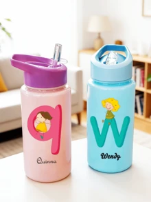 Customizable Name Text, 500ml Kids Water Bottle With Straw Cup, Best Gift For Girls And Boys For School/Graduation, Outdoor Sports Water Bottle, 26 Letters Campus Student Cup - Solid Color - View 4