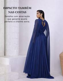 Women's Long Party Dress With Slit, Cape Sleeves, Gathered Bust And Brooch, Solid Color, Elegant, For New Year's Eve, Wedding, Bridesmaid, Graduation. - 藏蓝色 - 查看 6