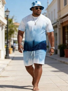 水彩渐变男士加大码休闲短袖短裤套装，简约运动两件套，适合夏季日常穿着和锻炼 - 彩色 - 查看 1