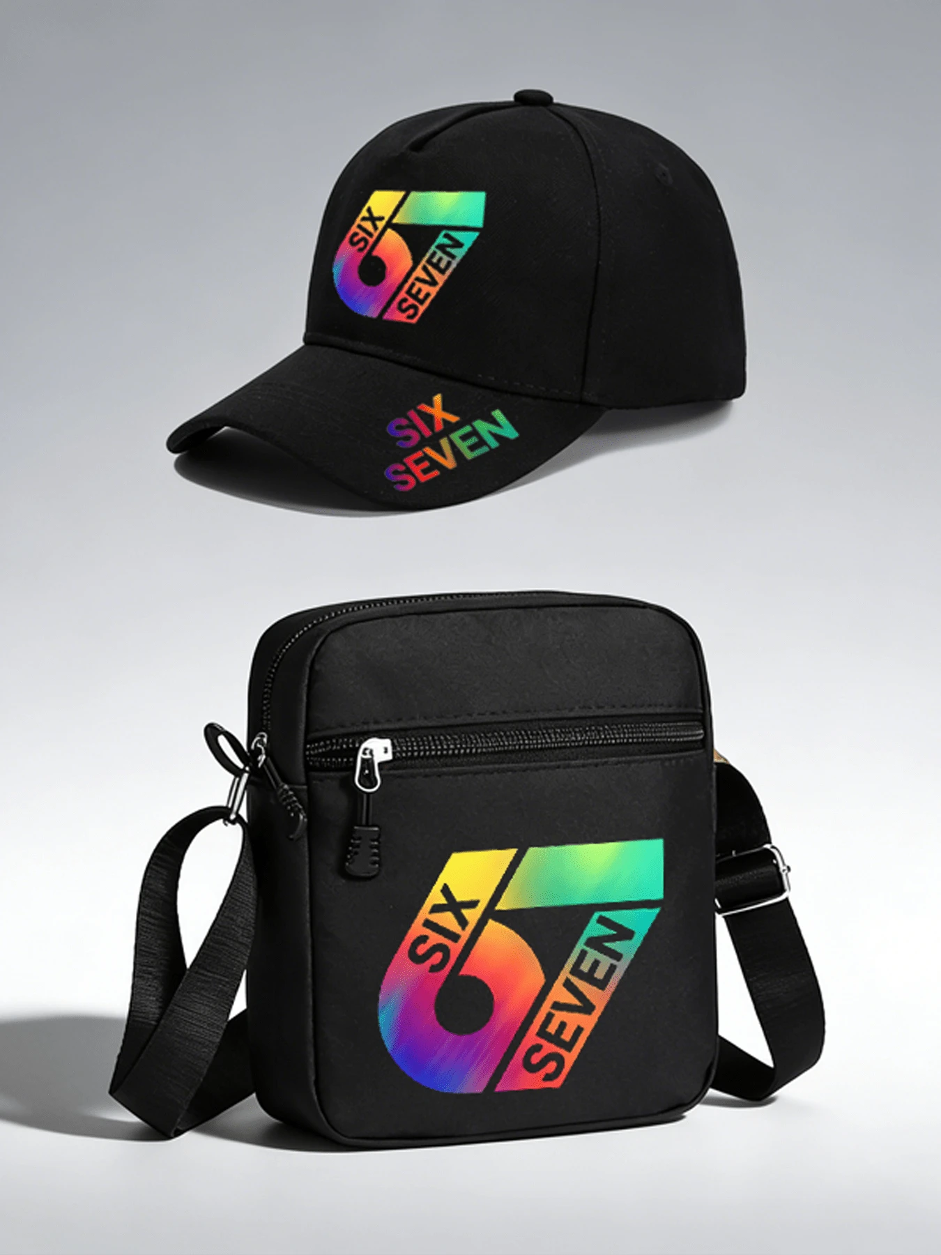 1pc/2pcs "67" Colorful Number Pattern Design Printed Unisex Hip-Hop Baseball Cap And Crossbody Bag, Street Fashion Outdoor Sports Baseball Cap Curved Brim Hat And Bag, Adjustable, Gift For Yourself Or Friends - Multicolor - View 1
