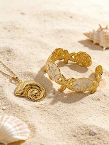 VceTd 一套海洋度假风格首饰套装，采用海洋元素设计，不锈钢材质，适合女性海滩度假、日常生活或通勤佩戴，也可作为节日礼物赠送给亲朋好友。 - 金黃色 - 查看 7