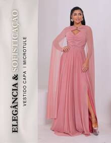 Women's Long Party Dress With Slit, Cape Sleeves, Gathered Bust And Brooch, Solid Color, Elegant, For New Year's Eve, Wedding, Bridesmaid, Graduation. - 乾枯玫瑰色 - 查看 2